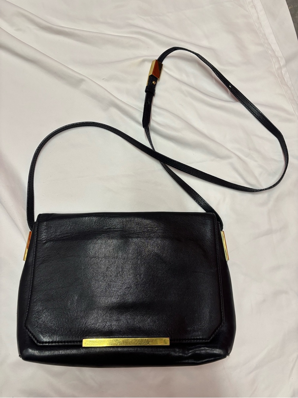 J. Crew Black Genuine Leather Crossbody with Gold Accent Bar Latch